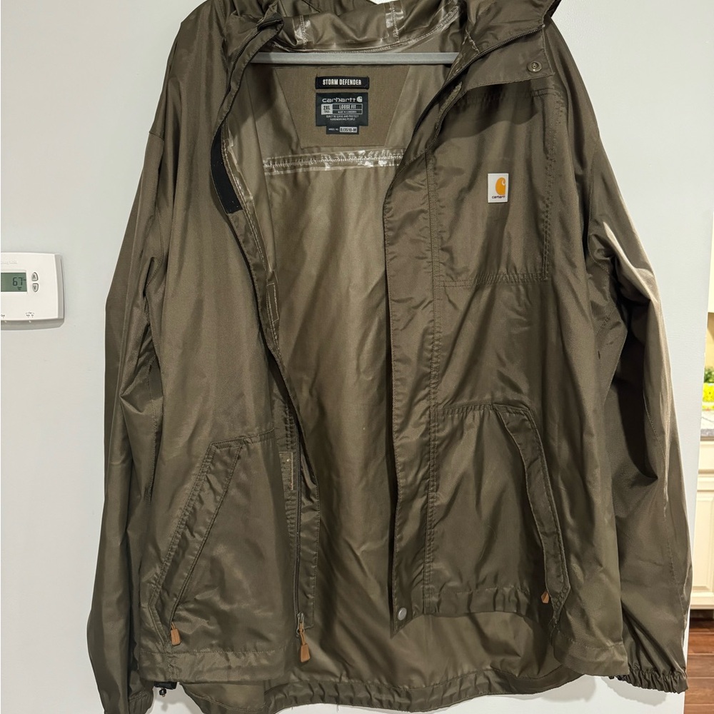 Carhartt Green Raincoat with Hood and Water-Resistant Material